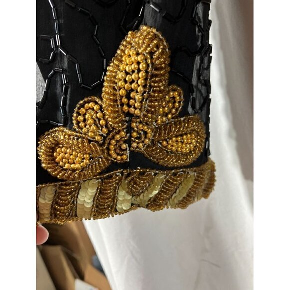 Vintage Laurence Kazar Heavy Sequined Silk Gold Black Evening Jacket XL Military - Picture 5 of 14